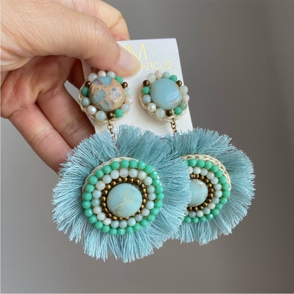 Neiman Marcus Statement Fran Drop Fringe Round Stone Bead Green Teal blue NWT - Picture 6 of 15